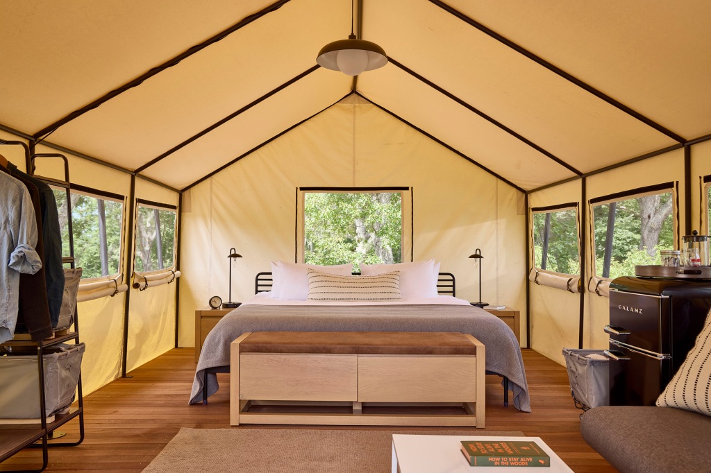 A look inside a luxury tent at AutoCamp Catskills.