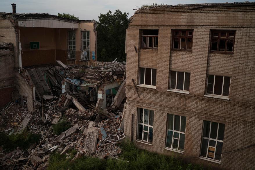 The remains of the destroyed School Number 15 are seen after a Russian attack that occurred in April, in Kramatorsk.