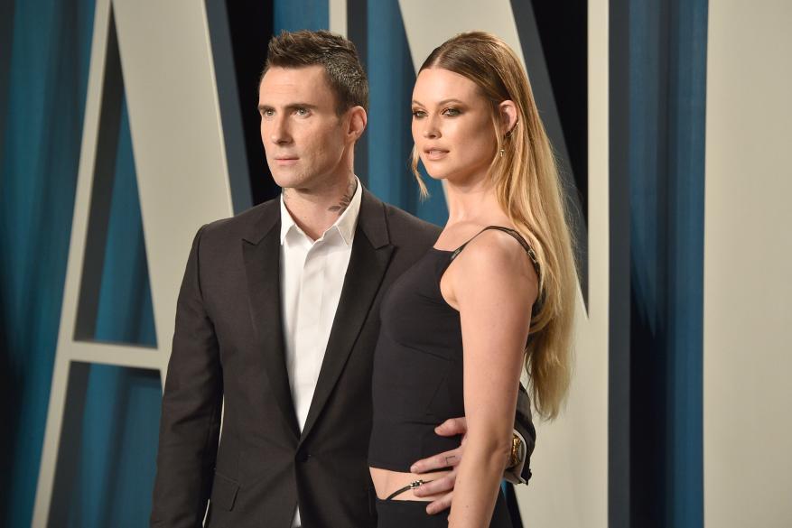 Adam Levine and Behati Prinsloo attend the 2020 Vanity Fair Oscar Party at Wallis Annenberg Center for the Performing Arts on February 09, 2020 in Beverly Hills, California.
