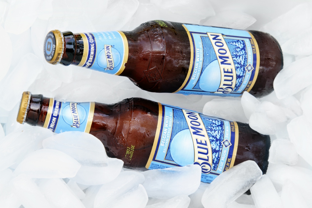 Blue Moon beer on ice.