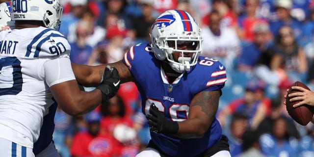 Bobby Hart of the Buffalo Bills blocks during a preseason game against the Indianapolis Colts at Highmark Stadium Aug. 13, 2022, in Orchard Park, N.Y.