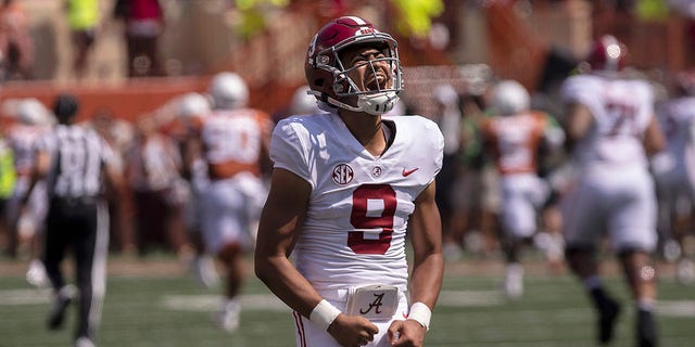 Alabama quarterback Bryce Young (9) celebrates against Texas during the first half of a game Saturday, Sept. 10, 2022, in Austin, Texas.