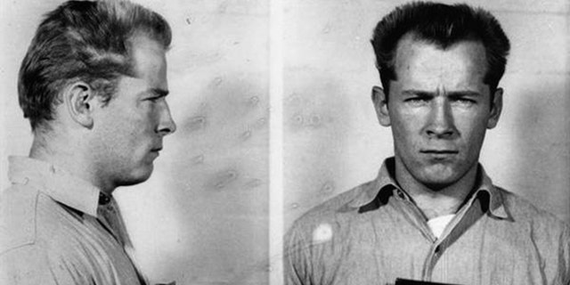 Boston gangster James "Whitey" Bulger Jr. poses for a mugshot on his arrival at Alcatraz on Nov. 16, 1959, in San Francisco, California.