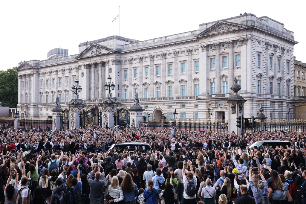 Thousands gather for the arrival of King Charles III and Camilla, the Queen Consort at Buckingham Palace.