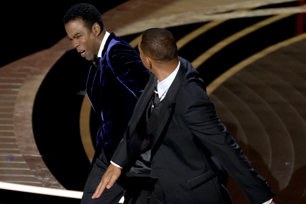 Will Smith appears to slap Chris Rock onstage during the 94th Annual Academy Awards at Dolby Theatre on March 27, 2022.