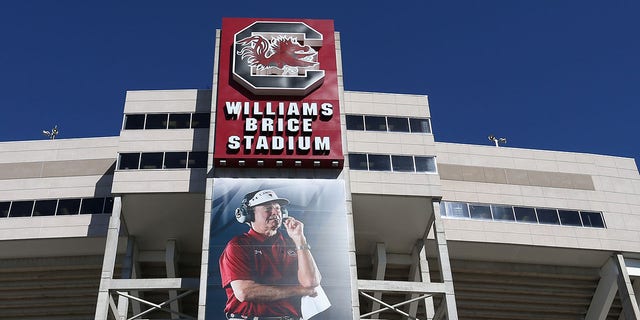 A view of the outside of the stadium with a poster of former head coach Steve Spurrier of the South Carolina Gamecocks prior to a game against the Vanderbilt Commodores at Williams-Brice Stadium Oct. 17, 2015, in Columbia, S.C.