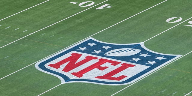 The NFL logo is emblazoned across the middle of the field at SoFi Stadium prior to the Super Bowl Feb. 13, 2022.