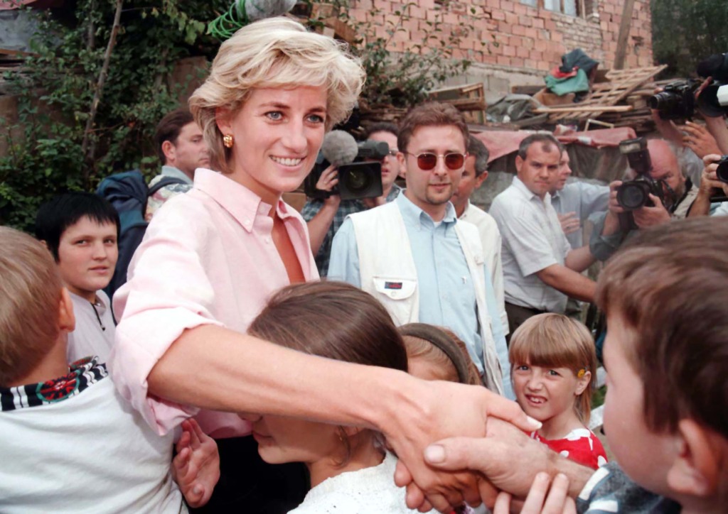 Diana, Princess of Wales meets children in an area of Sarajevo where this morning she met more land mine victims during her two day visit to Bosnia