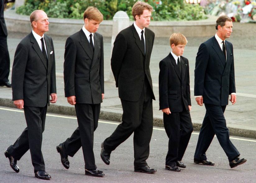 (L to R) The Duke of Edinburgh, Prince William, Earl Spencer, Prince Harry and Prince Charles walk outside Westminster Abbey during the funeral service for Princess Diana.