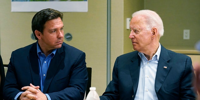 To help reduce the financial effects of Hurricane Ian, Florida Gov. Ron DeSantis, left, asked President Biden to approve a disaster declaration and 100 percent cost share for 60 days in the hurricane's wake.