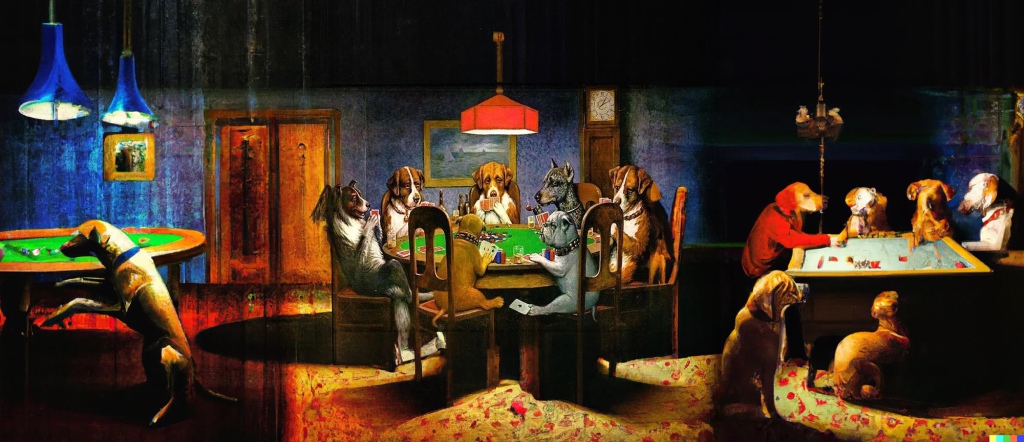 Using AI technology, the "Outpainting'' tool was able to expand the original image outwards. The dogs in the original artwork are now just one of a number of canines playing poker. 