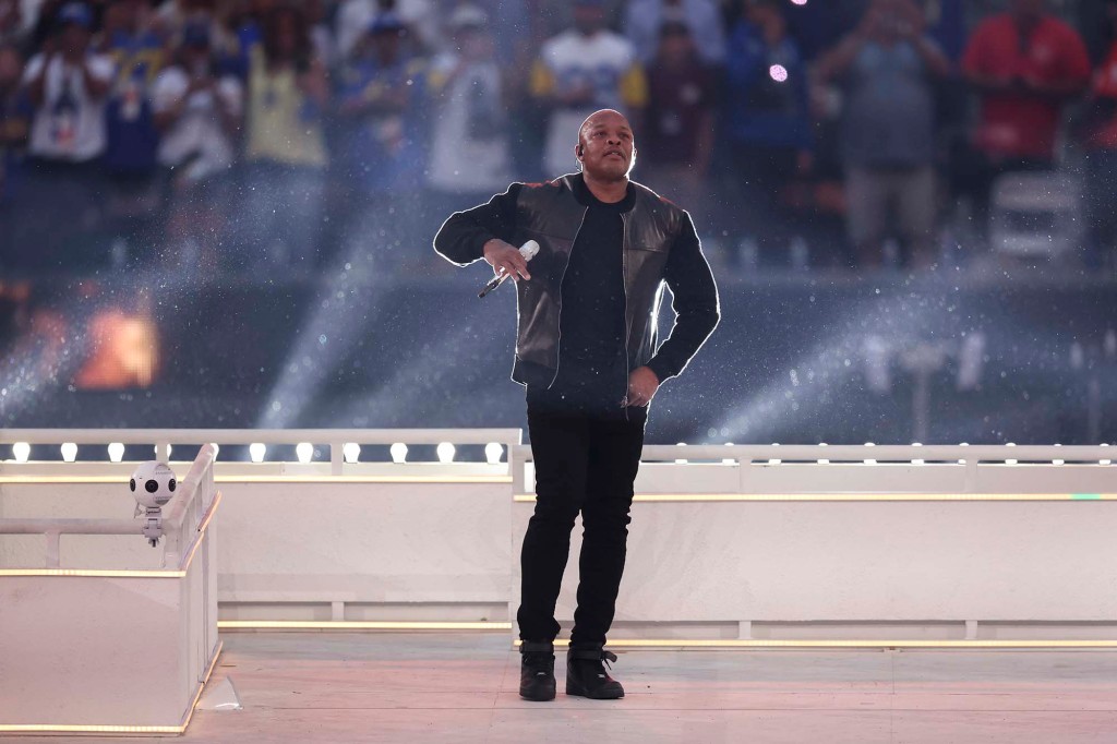 INGLEWOOD, CALIFORNIA - FEBRUARY 13: Dr. Dre performs at the halftime show during the NFL Super Bowl 56 football game, at SoFi Stadium on February 13, 2022 in Inglewood, California. The Rams won 23-20. (Photo by Michael Owens/Getty Images)