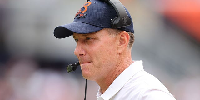 Head coach Matt Eberflus of the Chicago Bears looks on against the Kansas City Chiefs during the preseason game at Soldier Field in Chicago on Aug. 13, 2022.