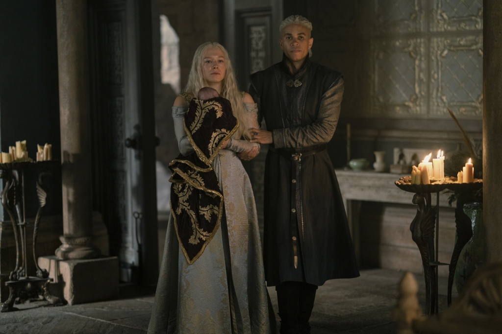 Rhaenyra (Emma D'Arcy) and Laenor (John Macmillan) with their newborn on "House of the Dragon."