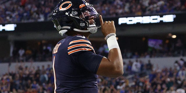 Justin Fields of the Chicago Bears celebrates a touchdown during the second half against the Los Angeles Rams at SoFi Stadium Sept. 12, 2021, in Inglewood, Calif.