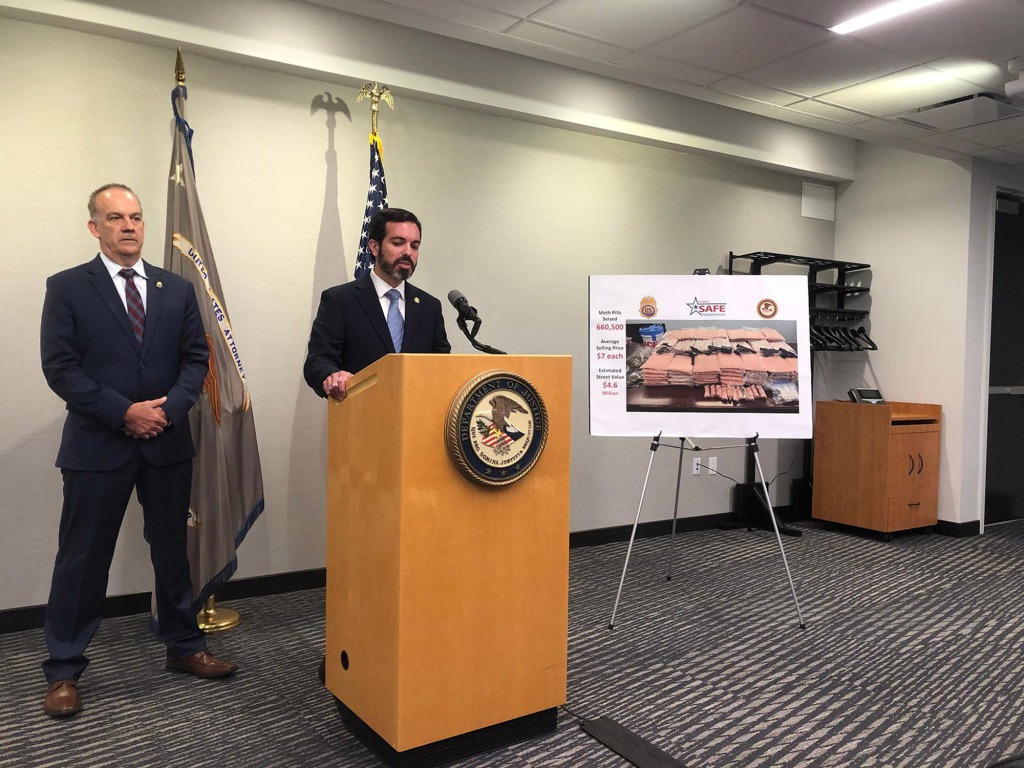 Brian Boyle, left, special agent in charge of the Drug Enforcement Administration's New England field division, and Rhode Island U.S. Attorney Zachary Cunha on Monday announce one of the largest seizures in the nation of counterfeit Adderall pills.