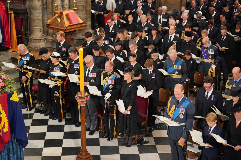 King Charles III, Camilla, Queen Consort, Princess Anne, Princess Royal, Vice Admiral Sir Timothy Laurence, Prince Andrew, Prince Edward, Earl of Wessex, Sophie, Countess of Wessex, (second row L-R) Prince Harry, Duke of Sussex, the Duchess of Sussex, Princess Beatrice, Edoardo Mapelli Mozzi and Lady Louise Windsor, (third row L-R) Samuel Chatto, Arthur Chatto, Lady Sarah Chatto and Daniel Chatto in front of the coffin of Queen Elizabeth II during the State Funeral of Queen Elizabeth II, held at Westminster Abbey, on September 19, 2022 in London, England.  Elizabeth Alexandra Mary Windsor was born in Bruton Street, Mayfair, London on 21 April 1926. She married Prince Philip in 1947 and ascended the throne of the United Kingdom and Commonwealth on 6 February 1952 after the death of her Father, King George VI. Queen Elizabeth II died at Balmoral Castle in Scotland on September 8, 2022, and is succeeded by her eldest son, King Charles III. (Photo by Dominic Lipinski - WPA Pool/Getty Images)