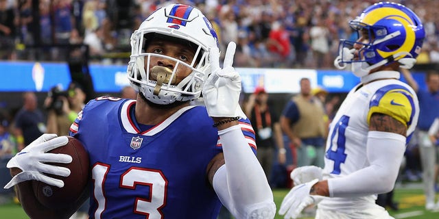 Wide receiver Gabe Davis #13 of the Buffalo Bills celebrates after scoring on a 26-yard touchdown reception against the Los Angeles Rams during the first quarter of the NFL game at SoFi Stadium on September 08, 2022 in Inglewood, California.