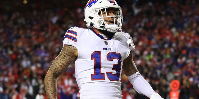 Gabriel Davis of the Buffalo Bills celebrates after scoring a touchdown against the Kansas City Chiefs during the fourth quarter of the AFC divisional playoff game at Arrowhead Stadium in Kansas City, Missouri, on Jan. 23, 2022.