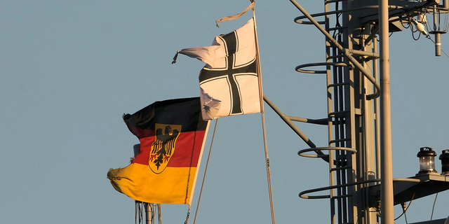 German flag flutters on the German Navy supply ship Elbe during arrival for the NATO Baltic MCM Squadex 22 exercise in Riga port, Latvia March 15, 2022. Picture taken March 15, 2022. 