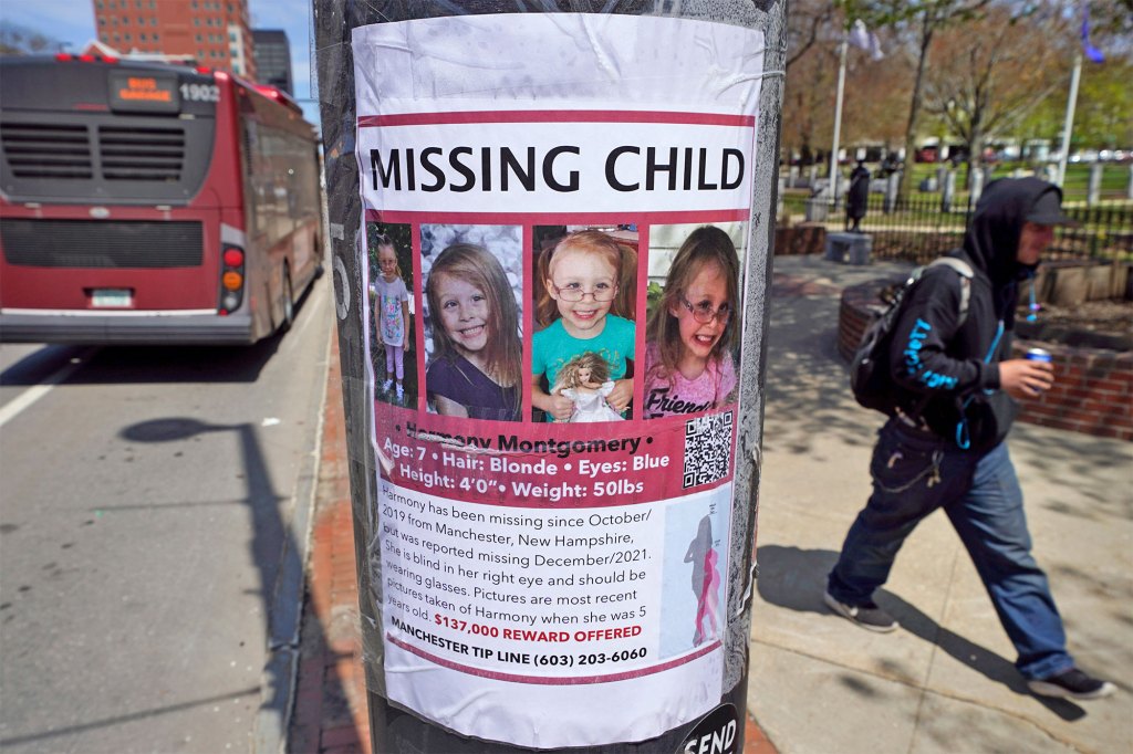 missing persons sign on post for Harmony Montgomery