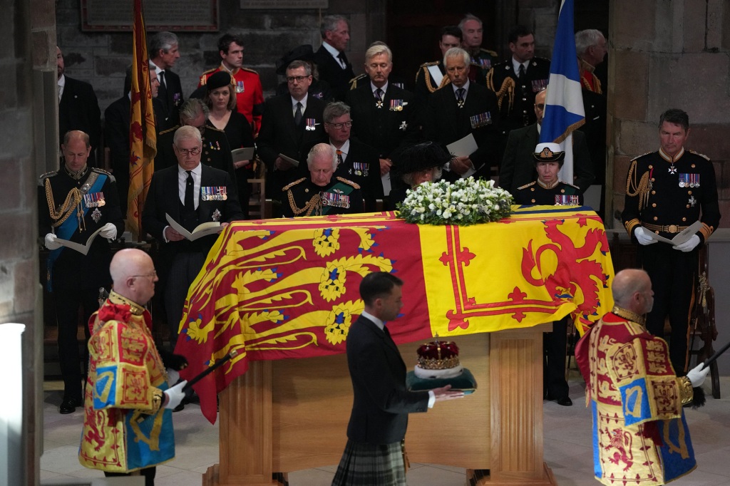 The queen's casket is seen inside St. Giles Cathedral in Edinburgh on Monday. 