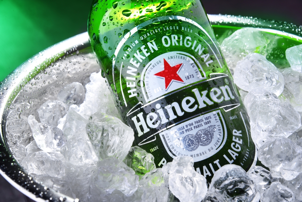 A bottle of Heineken on ice. 