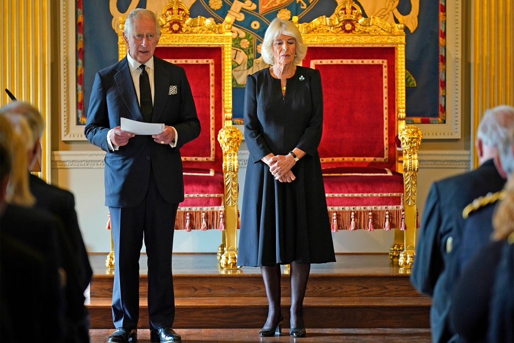 King Charles III and Queen Consort Camilla speaks to the Northern Ireland Assembly at Hillsborough Castle, Belfast on Sept. 13, 2022.