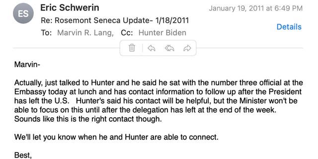 Eric Schwerin, who was formerly Hunter Biden's business partner, told Marvin Lang in a January 2011 email that a "number three official" at the Chinese Embassy would be "helpful" in helping Lang secure the Chinese Embassy for a dinner for his company.