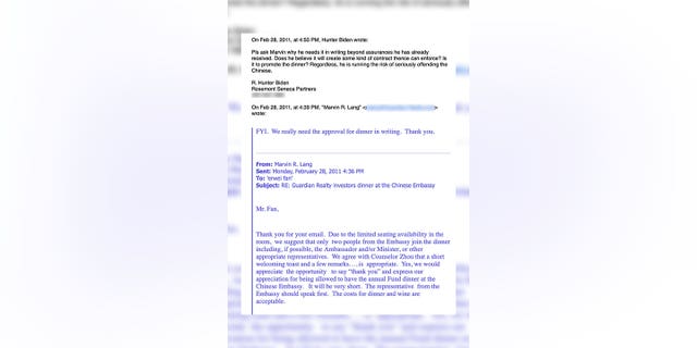 In February 2011, Hunter Biden warned Eric Schwerin that Marvin Lang’s insistence on obtaining a confirmation letter for his dinner at the Chinese Embassy was "running the risk of seriously offending the Chinese."