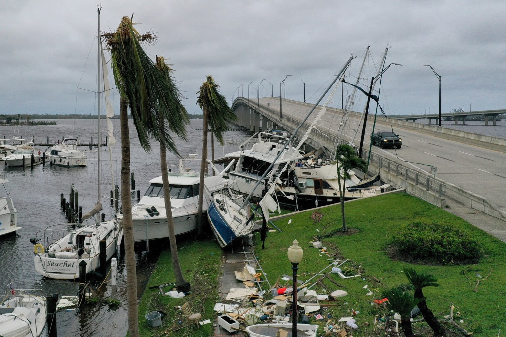 Destroyed boats are shown in Fort Meyers, Florida after Hurricane Ian made landfall