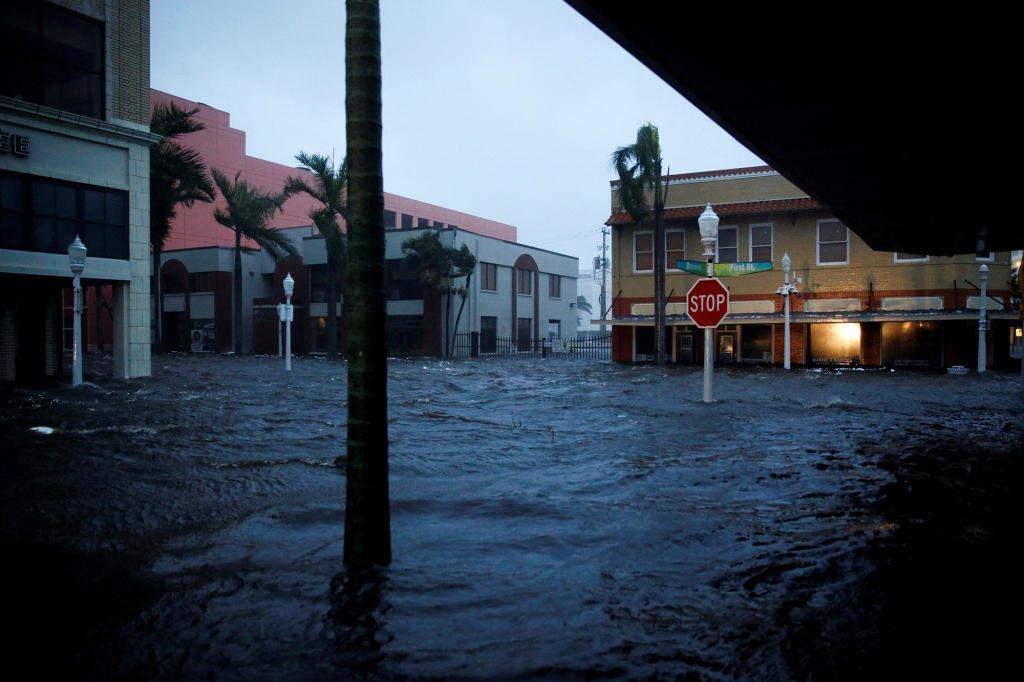 A flooded street is shown in Fort Myers, Florida after Hurricane Ian made landfall