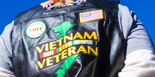 Santa Fe, USA - November 11, 2010: A Vietnam veteran holds a US flag at a Veteran's Day memorial in Santa Fe, NM, backdropped by a deep blue sky.