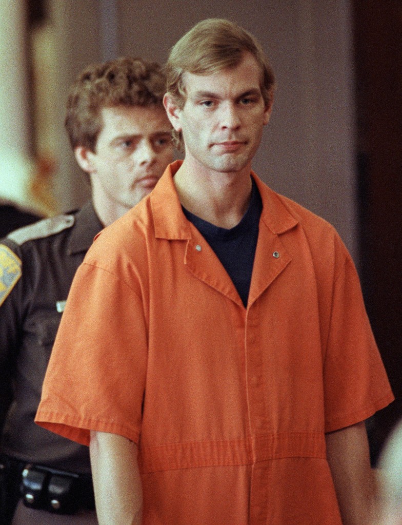 The real Jeffrey Dahmer in court in 1991 wearing an orange jumpsuit. 