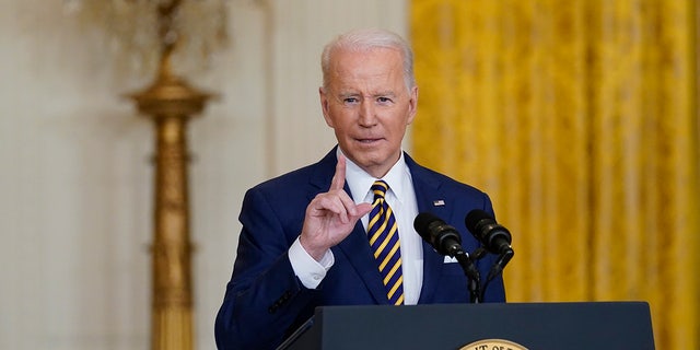 President Joe Biden speaks during a news conference in the East Room of the White House in Washington, Wednesday, Jan. 19, 2022. 