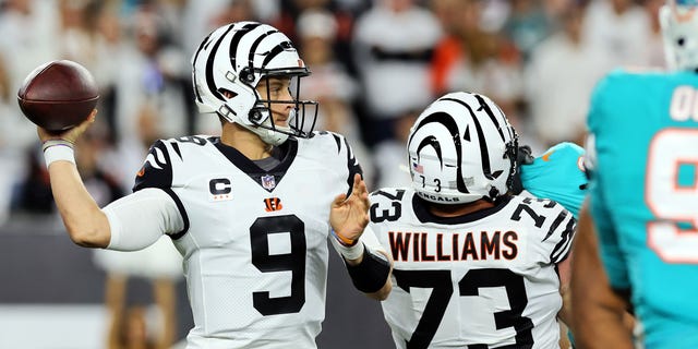 Quarterback Joe Burrow #9 of the Cincinnati Bengals passes during the 1st half of the game against the Miami Dolphins at Paycor Stadium on September 29, 2022 in Cincinnati, Ohio.