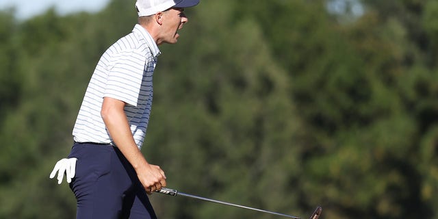 Jordan Spieth of the United States Team celebrates winning a match 2-and-1 over Adam Scott and Cam Davis of Australia and the International Team during Friday four-ball matches at the 2022 Presidents Cup at Quail Hollow Country Club Sept. 23, 2022, in Charlotte, N.C.