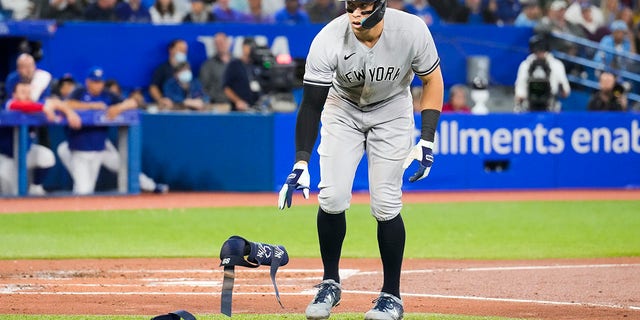 Aaron Judge #99 of the New York Yankees is walked against the Toronto Blue Jays in the third inning during their MLB game at the Rogers Centre on Sept. 26, 2022 in Toronto, Ontario, Canada.