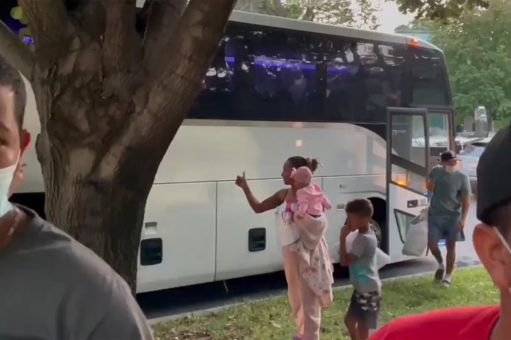 Two buses carrying about 100 migrants from Texas arrived early Thursday morning outside Vice President Kamala Harris’ residence 