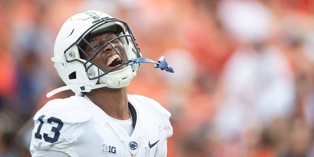 Running back Kaytron Allen #13 of the Penn State Nittany Lions celebrates after scoring a touchdown during the first half of their game against the Auburn Tigers at Jordan-Hare Stadium on September 17, 2022 in Auburn, Alabama.