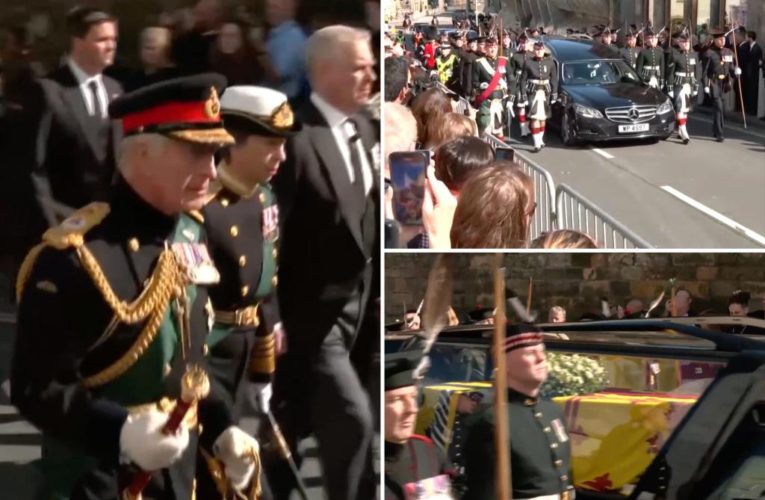 King Charles in military uniform walks behind queen’s coffin in Scotland