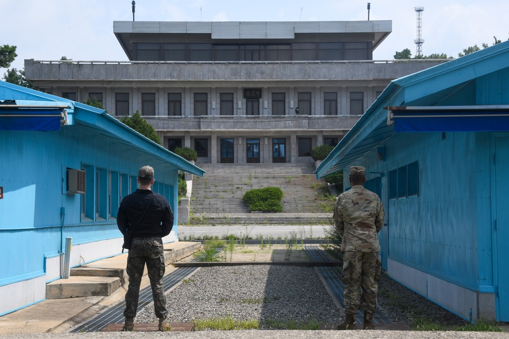 South Korean and U.S. soldiers stand guard in the truce village of Panmunjom inside the demilitarized zone.
