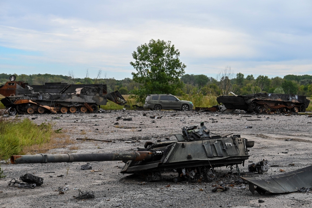 This photograph taken in Balakliya, Kharkiv region, on September 10, 2022 shows a destroyed military tank.