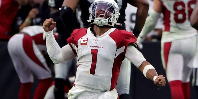 Kyler Murray of the Arizona Cardinals celebrates after a touchdown against the Las Vegas Raiders in Las Vegas on Sept. 18, 2022.