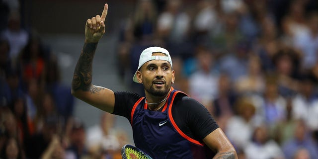 Nick Kyrgios of Australia reacts against Daniil Medvedev during their Men's Singles Fourth Round match on Day Seven of the 2022 US Open in New York City.