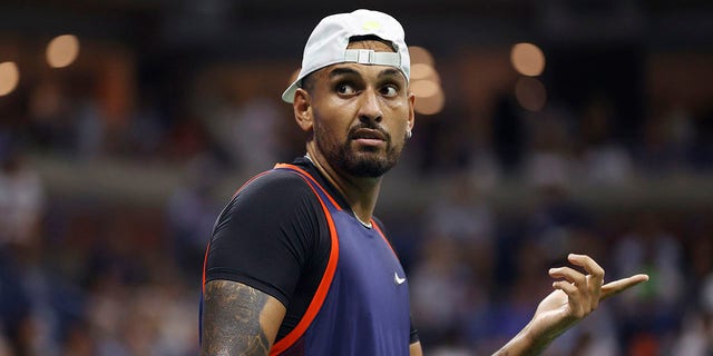 Nick Kyrgios of Australia reacts against Daniil Medvedev during their Men's Singles Fourth Round match on Day Seven of the 2022 US Open at USTA Billie Jean King National Tennis Center on September 04, 2022, in the Flushing neighborhood of the Queens borough of New York City.