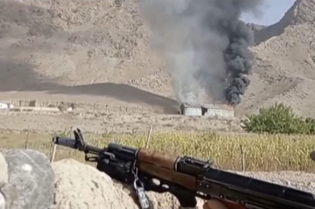 A still image from video, released by the Kyrgyz border guard service, shows what it said to be active military confrontation on Kyrgyz-Tajik border as seen from an unidentified location in the Batken region, Kyrgyzstan, in this still image taken from handout footage released September 16, 2022. 