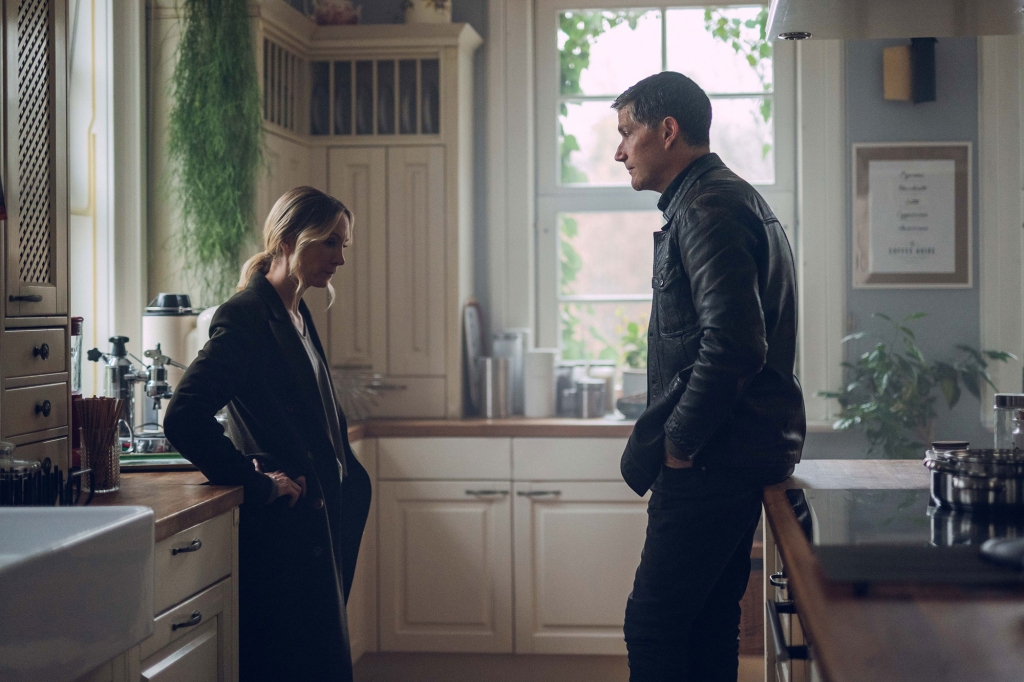 Andy Yeats (Matthew Fox) with his wife Elena (Joanne Froggatt) stand in a kitchen in "Last Light." 