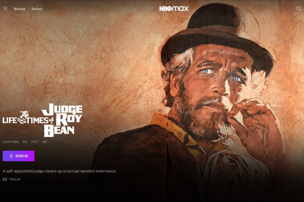 An image of a poster of The Life and Times of Judge Roy Bean. In the photo a cigarette is edited out of the image of Bean.