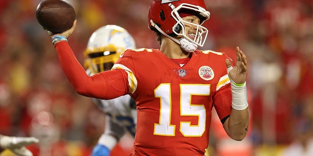 Patrick Mahomes #15 of the Kansas City Chiefs throws the ball during the third quarter against the Los Angeles Chargers at Arrowhead Stadium on September 15, 2022 in Kansas City, Missouri.